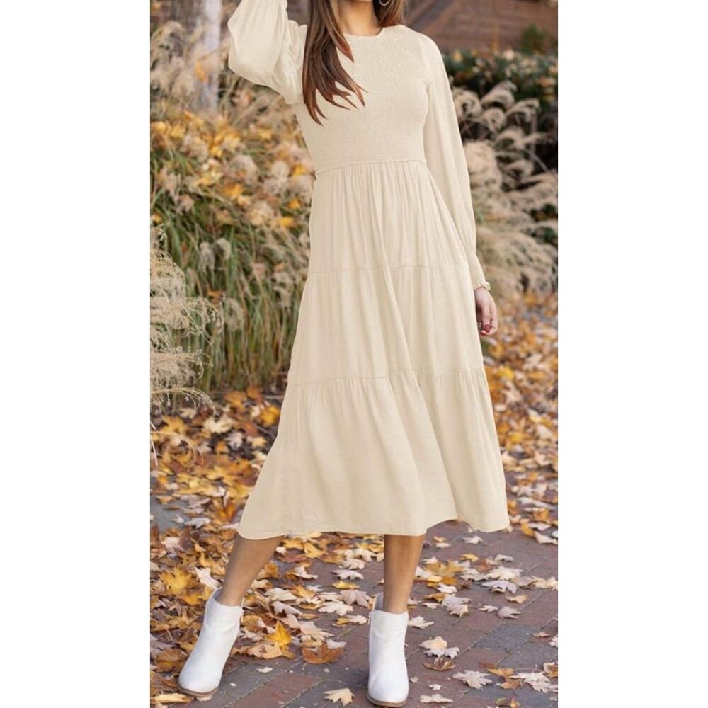 NEW NWT Beige Sz Medium Smocked Long Sleeve Tiered Flowy Midi Boho Dress ZESICA
